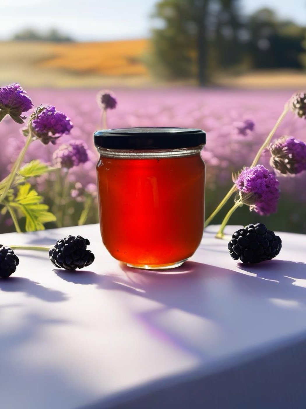 A jar of Blackberry Wildflower honey