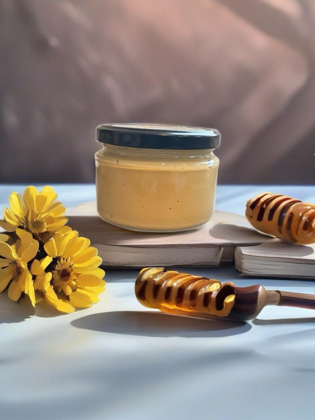 A jar of CanBee creamed honey with honey dippers